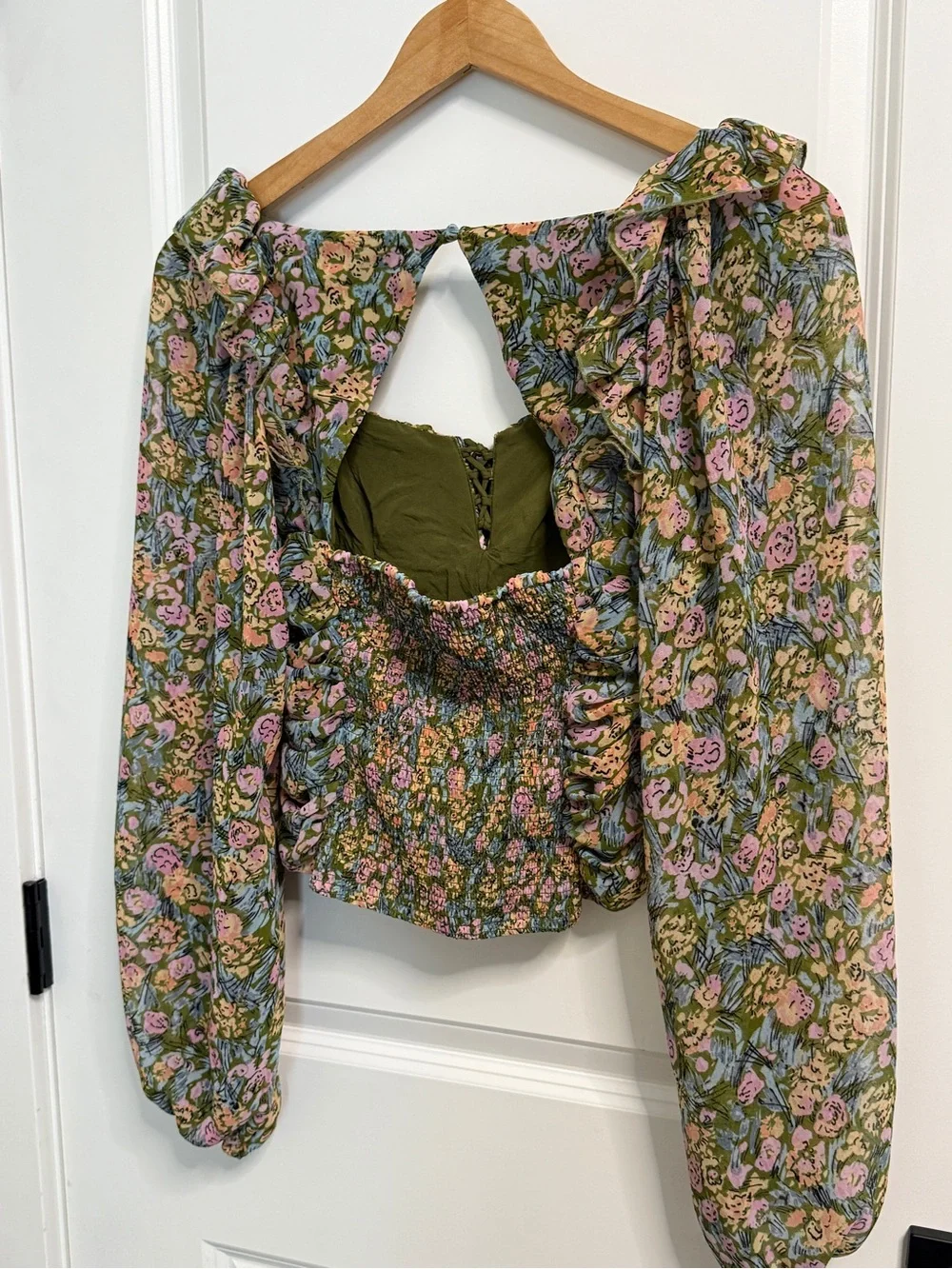 Free People Olive Multi Floral Ruffled Ruched Blouse